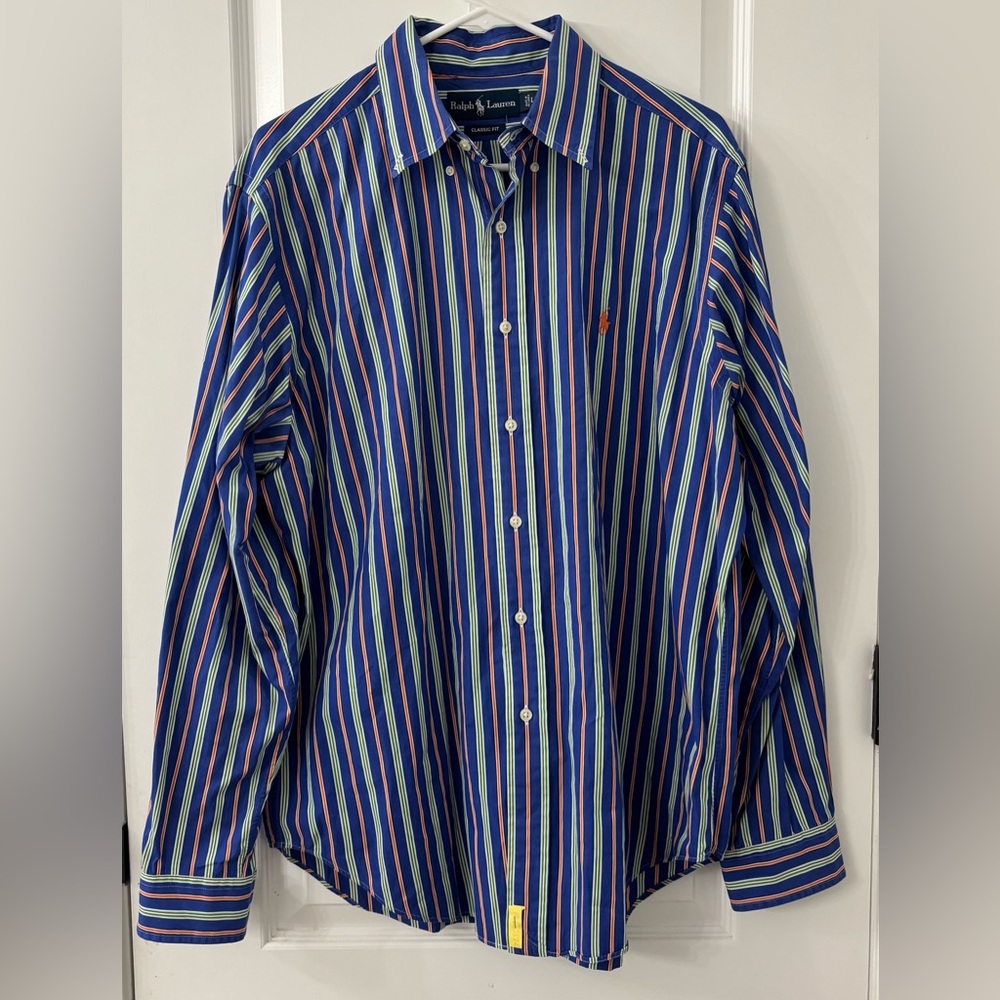 Ralph Lauren Men's Navy and White Striped Shirt - Picture 2 of 6